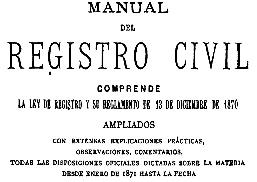Portada del manual de Registro Civil de 1870
